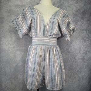 American Eagle Romper Womens Small Blue Stripe Linen Blend V Neck Tie Back Belt